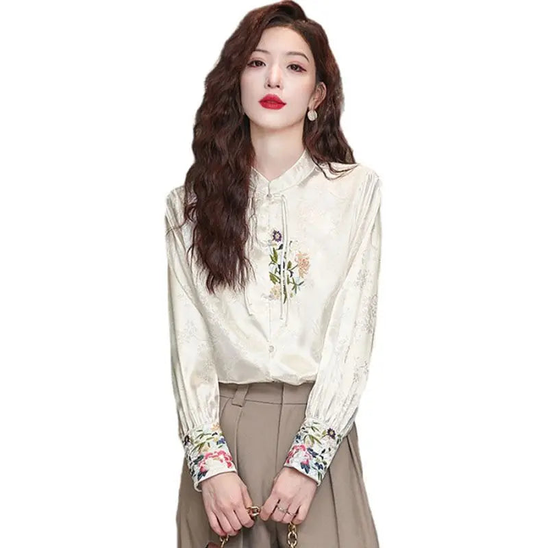 Spring Thin New Chinese Style Embroidery 2025 Long-sleeved Shirt Spring Shirt New Fashion Casual Top